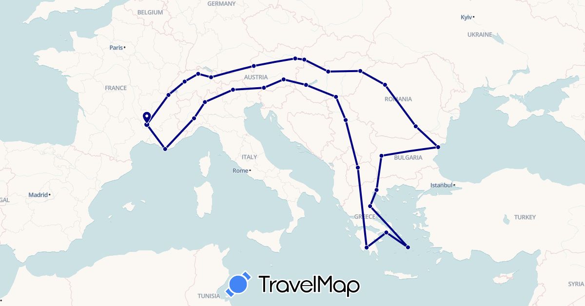 TravelMap itinerary: driving in Austria, Bulgaria, Switzerland, France, Greece, Hungary, Italy, Macedonia, Romania, Serbia, Slovakia (Europe)